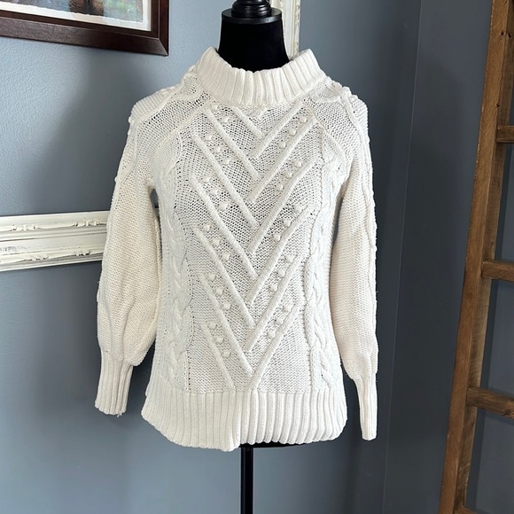LOFT Women’s Ivory Mock Neck Bobble Pom Cable Knit Sweater Balloon Sleeve Small - Picture 1 of 6